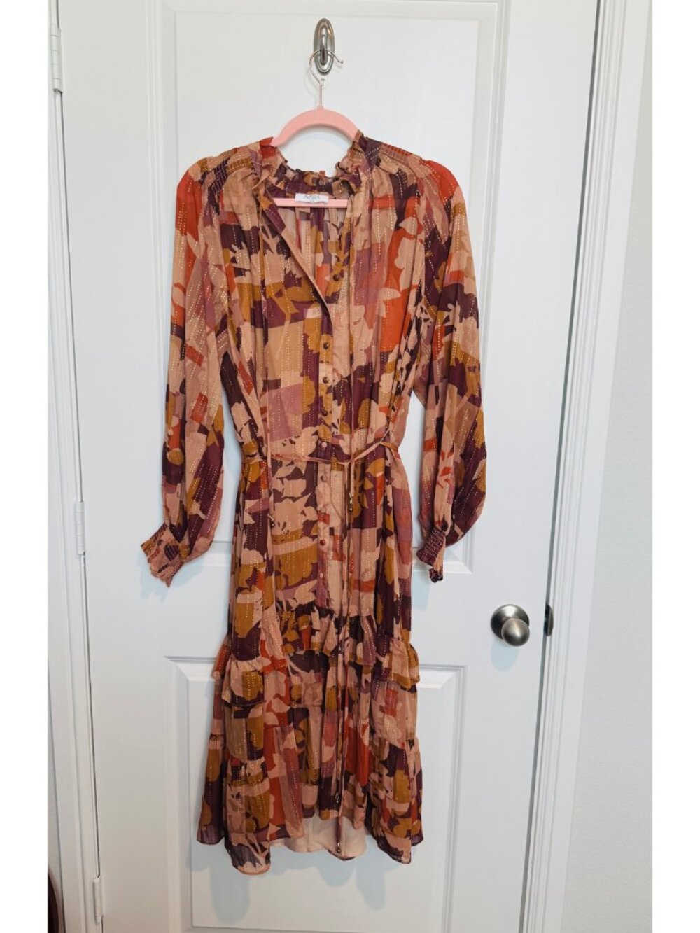 (2 for $15) Avara Abstract Print Metallic Detail Midi Dress Size L
